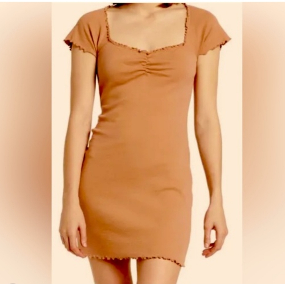 NWT Abound Women's Lettuce Edge Mini Dress Tan Mocha Ruched Organic Cotton